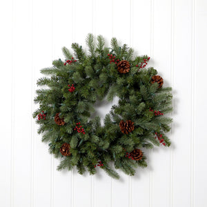 30” Lighted Pine Wreath w/Berries & Pine Cones