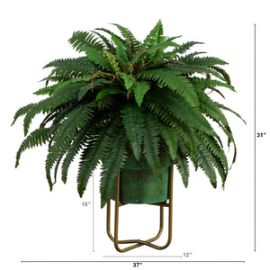 31” Artificial Boston Fern in Patina Metal Planter with Stand