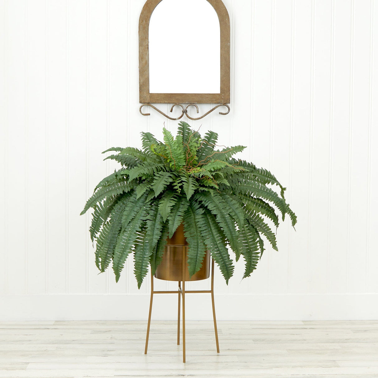 32” Artificial Boston Fern Plant with Metal Planter with Stand DIY KIT