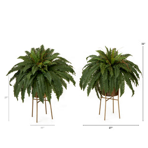 32” Artificial Boston Fern Plant with Metal Planter with Stand DIY KIT - Set of 2