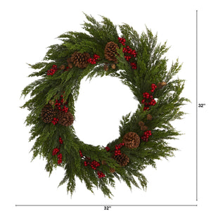32'' Cypress with Berries and Pine Cones Artificial Wreath
