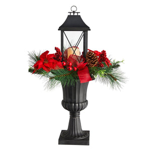 33” Holiday Berries and Poinsettia with Large Lantern and Included LED Candle