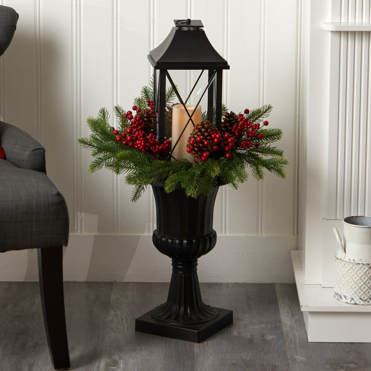 33” Holiday Greenery, Berries and Pinecones in Decorative Urn with Large Lantern