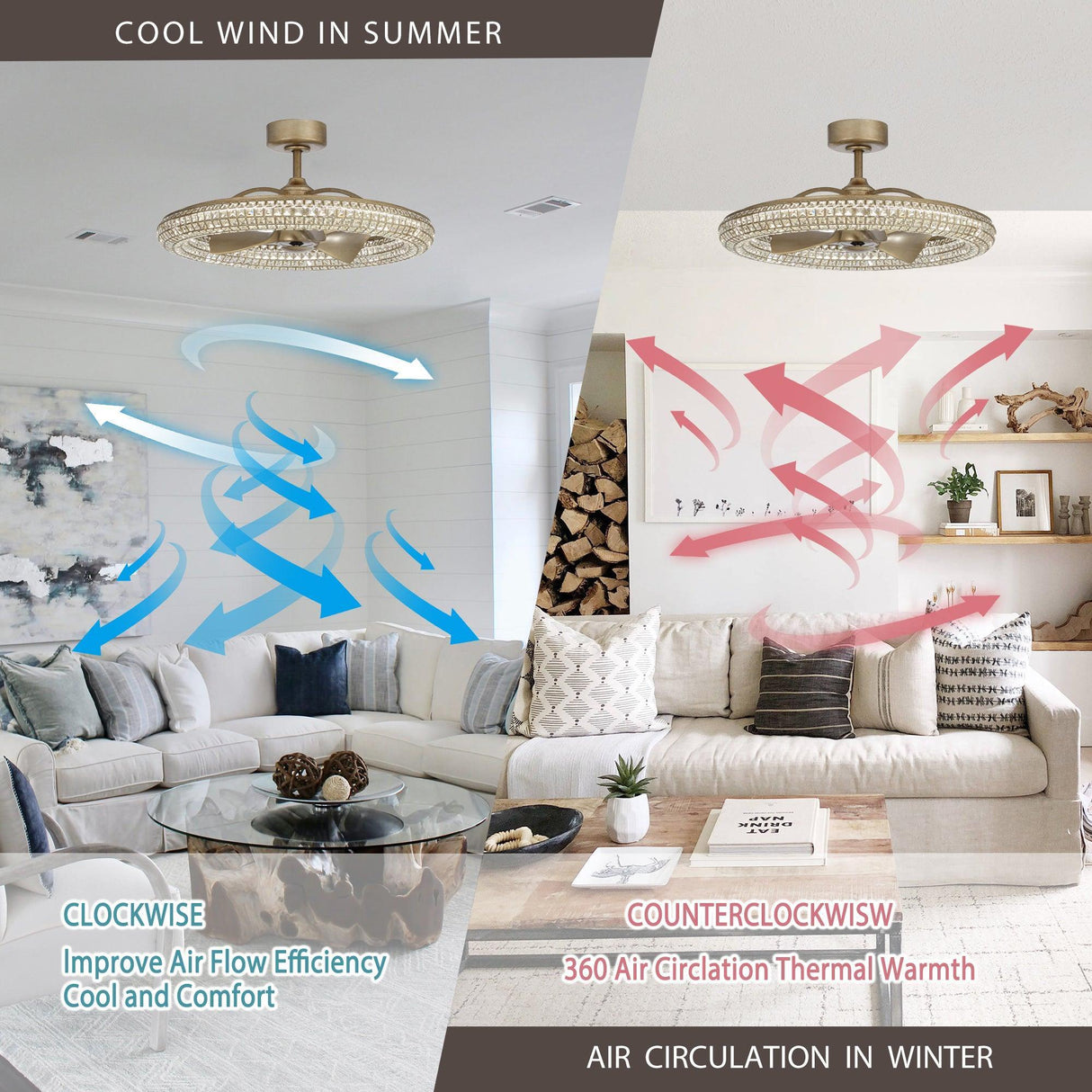 33" Modern DC Motor Crystal Ceiling Fan with Lighting and Remote Control