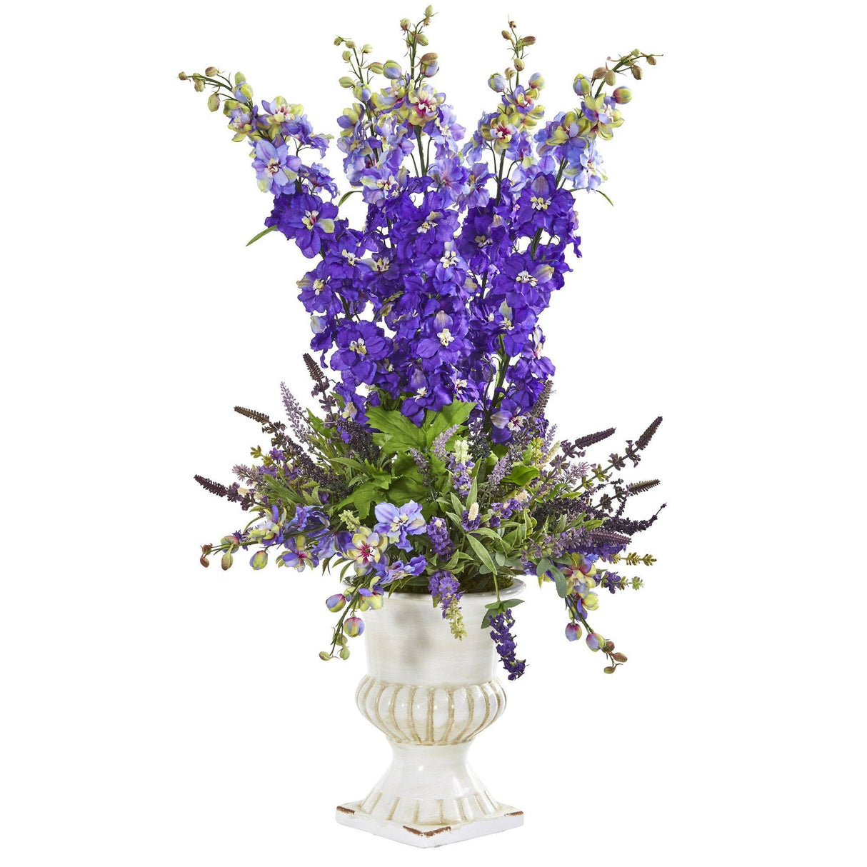 34” Delphinium and Lavender Arrangement in White Urn