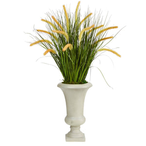34” Onion Grass Artificial Plant in Sand Colored Urn