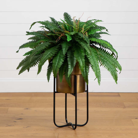 35” Artificial Boston Fern in Brass Metal Planter with Stand