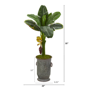 35” Banana Artificial Tree in Vintage Metal Planter