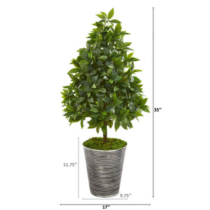 35” Sweet Bay Cone Topiary Artificial Tree in Tin Planter
