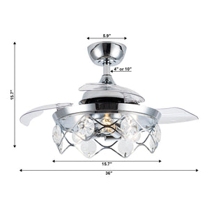 36" Broxburne Modern Chrome Downrod Mount Crystal Ceiling Fan with Lighting and Remote Control