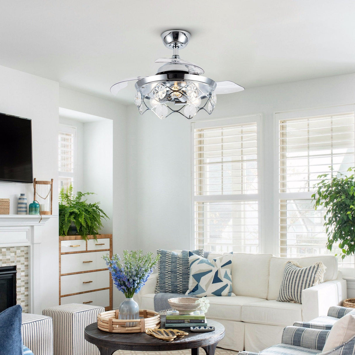 36" Broxburne Modern Chrome Downrod Mount Crystal Ceiling Fan with Lighting and Remote Control