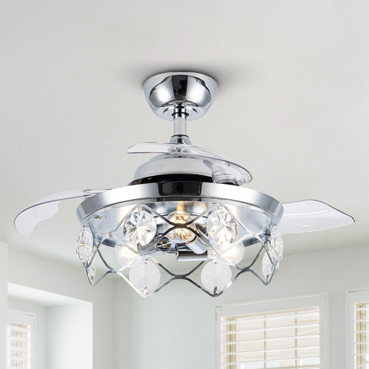 36" Broxburne Modern Chrome Downrod Mount Crystal Ceiling Fan with Lighting and Remote Control