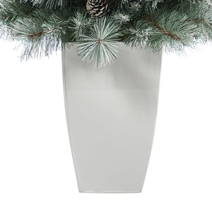 3.5’ Frosted Tip British Columbia Mountain Pine Artificial Christmas Tree with 50 Clear Lights, Pine Cones and 112 Bendable Branches in Metal Planter