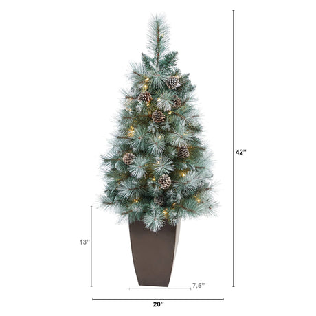 3.5’ Frosted Tip British Columbia Mountain Pine Artificial Christmas Tree with 50 Clear Lights, Pine Cones and 112 Bendable Branches in Metal Planter