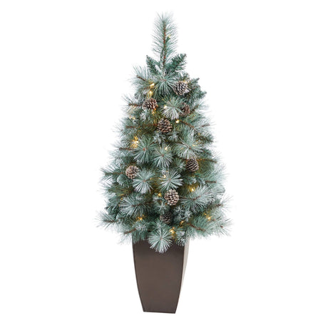 3.5’ Frosted Tip British Columbia Mountain Pine Artificial Christmas Tree with 50 Clear Lights, Pine Cones and 112 Bendable Branches in Metal Planter