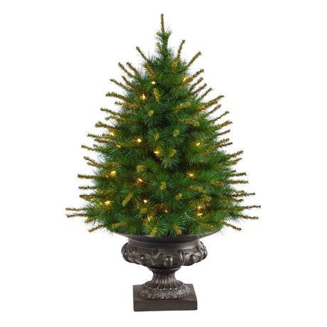 3.5’ New England Pine Artificial Christmas Tree with 50 Clear Lights and 117 Bendable Branches in Iron Colored Urn