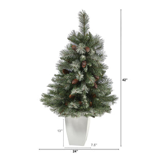 3.5’ Snowed French Alps Mountain Pine Artificial Christmas Tree with 135 Bendable Branches and Pine Cones in White Metal Planter