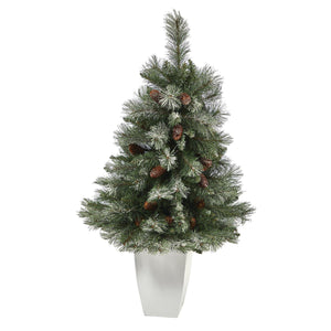 3.5’ Snowed French Alps Mountain Pine Artificial Christmas Tree with 135 Bendable Branches and Pine Cones in White Metal Planter