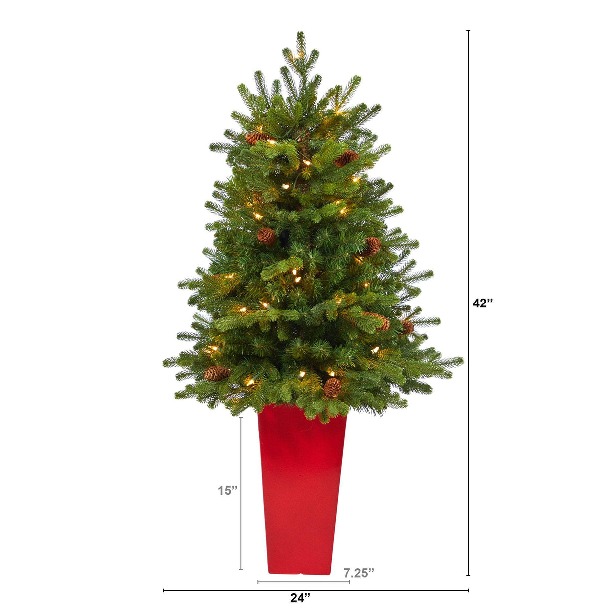 3.5’ Yukon Mountain Fir Artificial Christmas Tree with 50 Clear Lights and Pine Cones in Red Planter