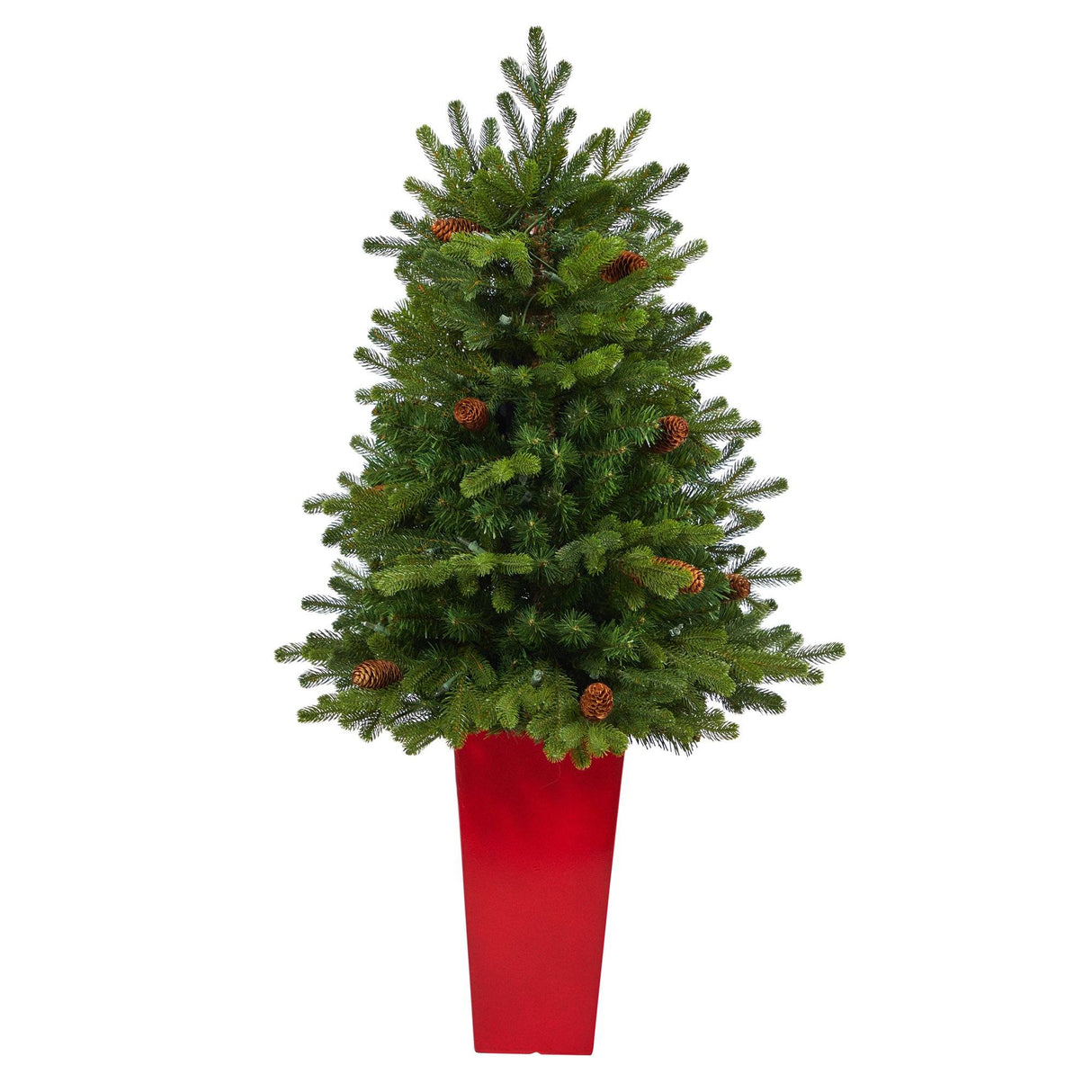 3.5’ Yukon Mountain Fir Artificial Christmas Tree with 50 Clear Lights and Pine Cones in Red Planter