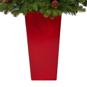 3.5’ Yukon Mountain Fir Artificial Christmas Tree with 50 Clear Lights and Pine Cones in Red Planter