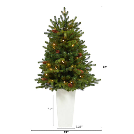 3.5’ Yukon Mountain Fir Artificial Christmas Tree with 50 Clear Lights and Pine Cones in White Planter