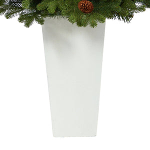 3.5’ Yukon Mountain Fir Artificial Christmas Tree with 50 Clear Lights and Pine Cones in White Planter