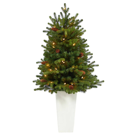 3.5’ Yukon Mountain Fir Artificial Christmas Tree with 50 Clear Lights and Pine Cones in White Planter