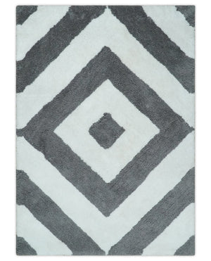 3x5, 4x6 and 5x7 Hand Woven Shag Ivory and Gray Geometrical Pattern Art Silk Soft Viscose Area Rug
