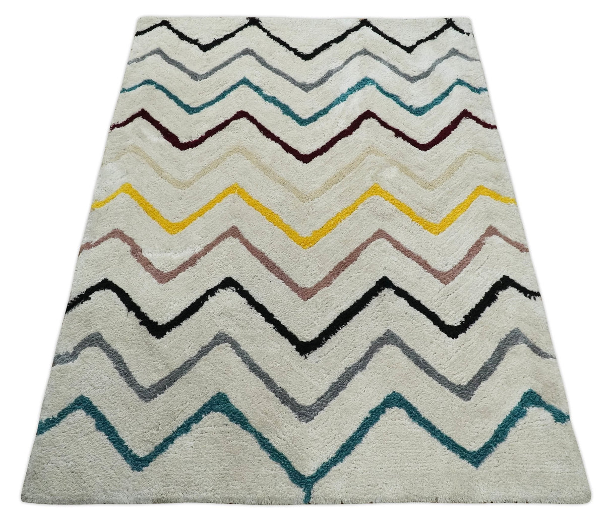 3x5, 4x6 and 5x7 Hand Woven Shag Ivory with multicolor Stripes Art Silk Soft Viscose Area Rug