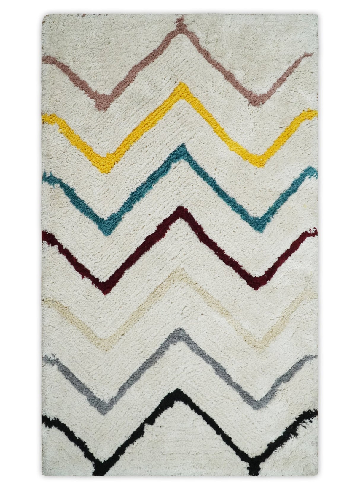 3x5, 4x6 and 5x7 Hand Woven Shag Ivory with multicolor Stripes Art Silk Soft Viscose Area Rug