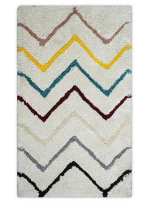 3x5, 4x6 and 5x7 Hand Woven Shag Ivory with multicolor Stripes Art Silk Soft Viscose Area Rug