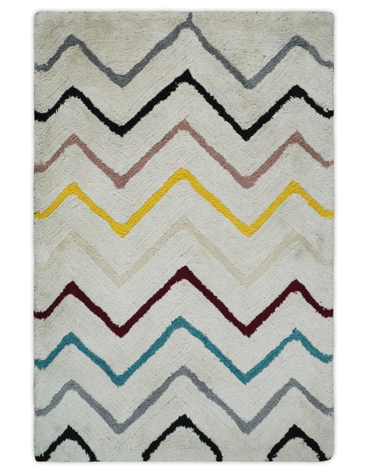 3x5, 4x6 and 5x7 Hand Woven Shag Ivory with multicolor Stripes Art Silk Soft Viscose Area Rug