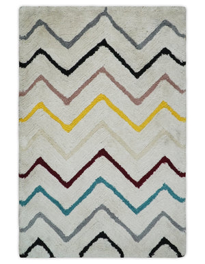 3x5, 4x6 and 5x7 Hand Woven Shag Ivory with multicolor Stripes Art Silk Soft Viscose Area Rug