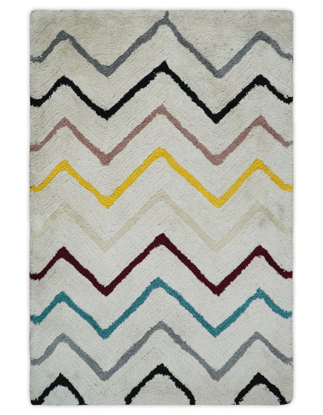 3x5, 4x6 and 5x7 Hand Woven Shag Ivory with multicolor Stripes Art Silk Soft Viscose Area Rug