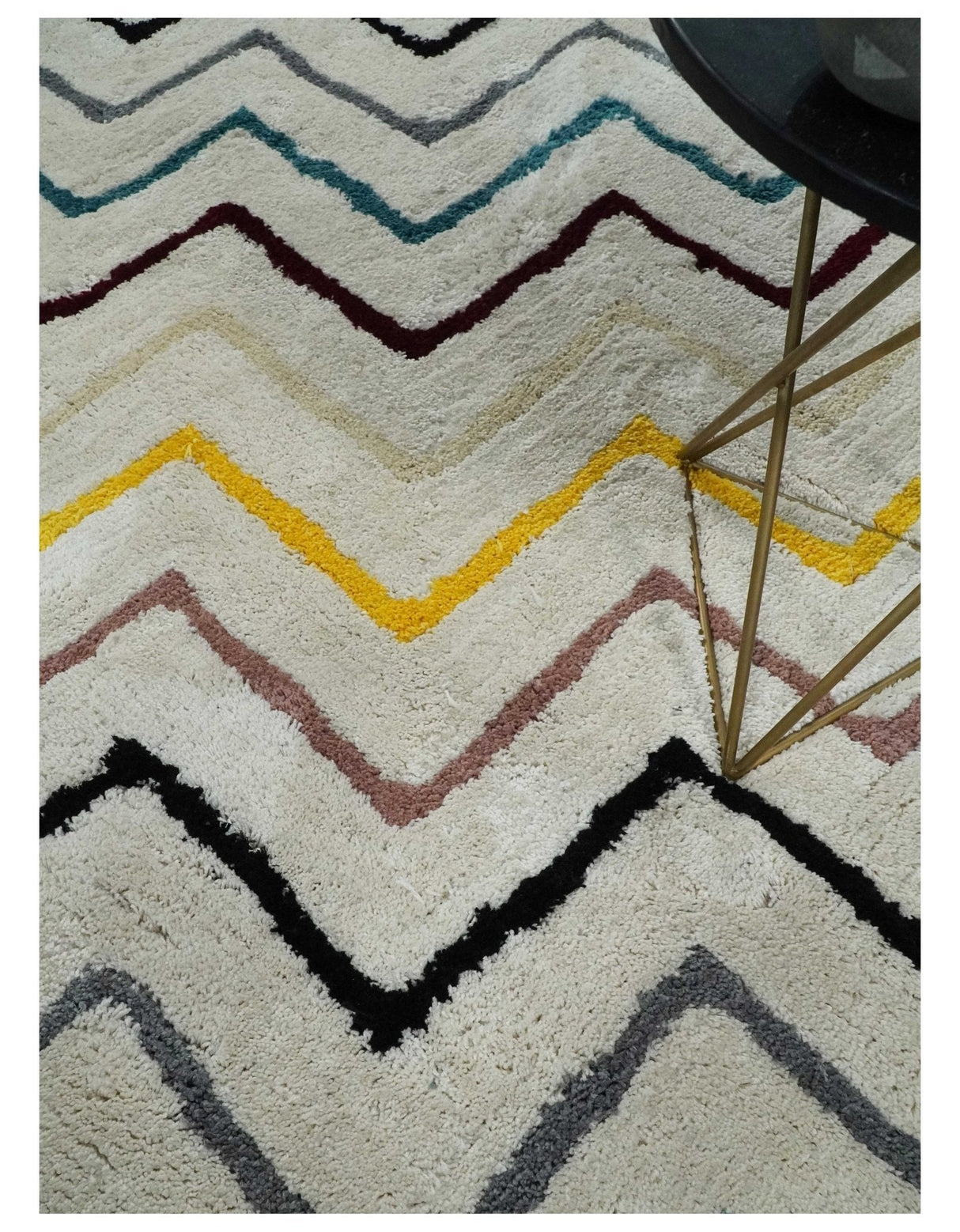 3x5, 4x6 and 5x7 Hand Woven Shag Ivory with multicolor Stripes Art Silk Soft Viscose Area Rug