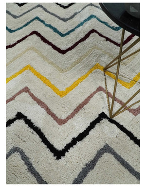 3x5, 4x6 and 5x7 Hand Woven Shag Ivory with multicolor Stripes Art Silk Soft Viscose Area Rug