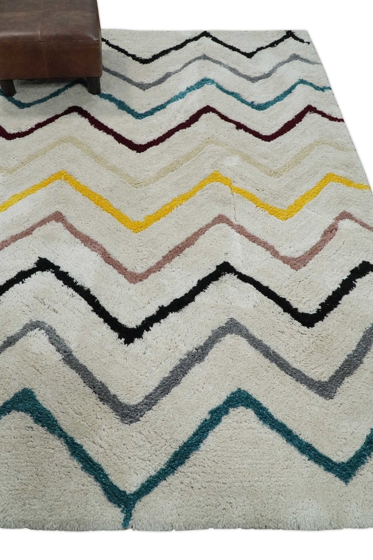 3x5, 4x6 and 5x7 Hand Woven Shag Ivory with multicolor Stripes Art Silk Soft Viscose Area Rug