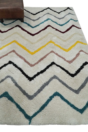 3x5, 4x6 and 5x7 Hand Woven Shag Ivory with multicolor Stripes Art Silk Soft Viscose Area Rug