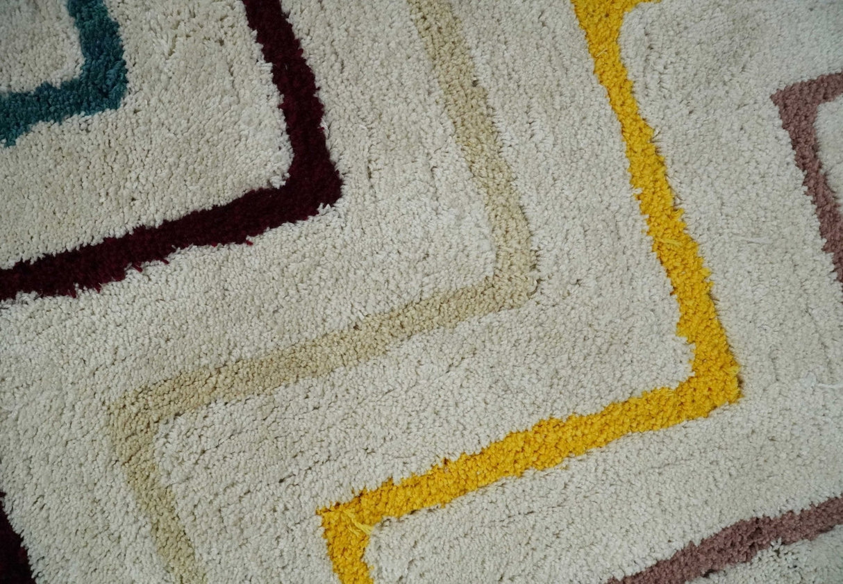3x5, 4x6 and 5x7 Hand Woven Shag Ivory with multicolor Stripes Art Silk Soft Viscose Area Rug