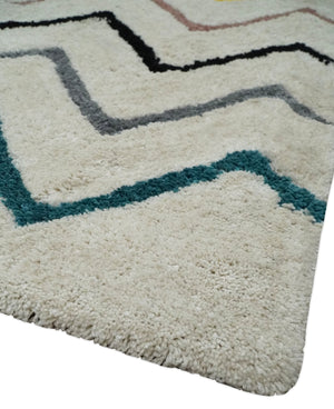 3x5, 4x6 and 5x7 Hand Woven Shag Ivory with multicolor Stripes Art Silk Soft Viscose Area Rug