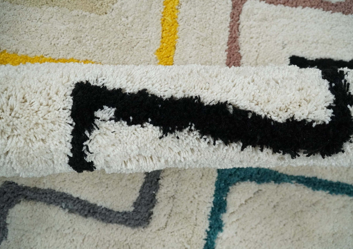 3x5, 4x6 and 5x7 Hand Woven Shag Ivory with multicolor Stripes Art Silk Soft Viscose Area Rug