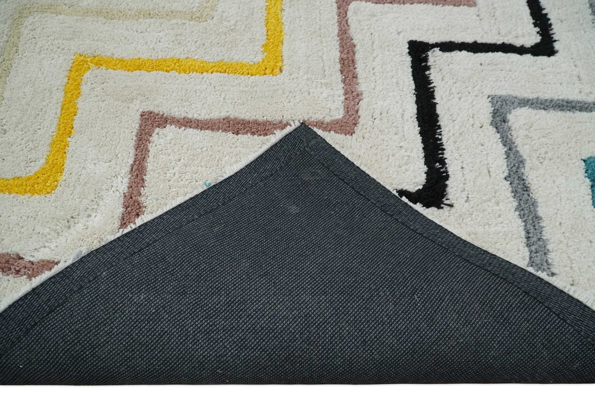 3x5, 4x6 and 5x7 Hand Woven Shag Ivory with multicolor Stripes Art Silk Soft Viscose Area Rug