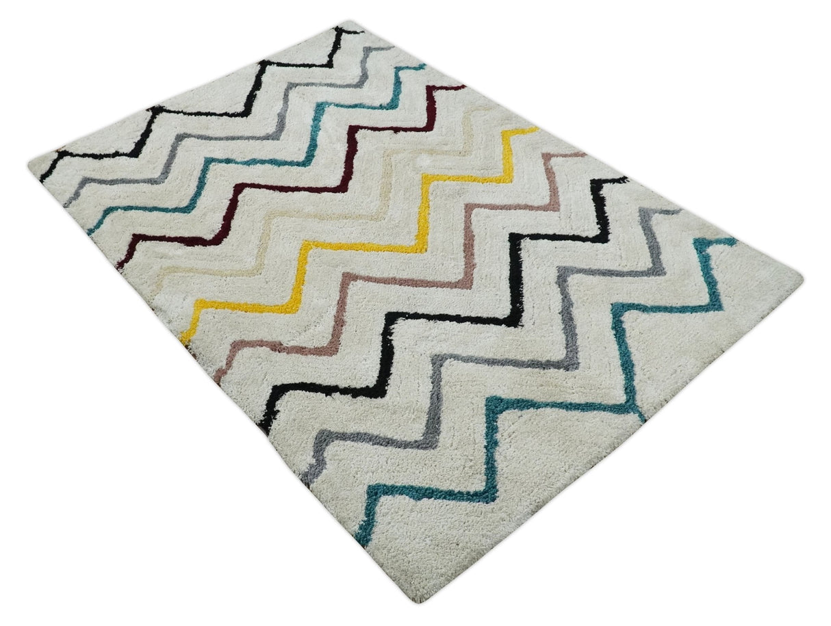 3x5, 4x6 and 5x7 Hand Woven Shag Ivory with multicolor Stripes Art Silk Soft Viscose Area Rug