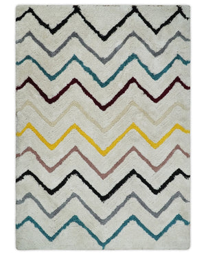 3x5, 4x6 and 5x7 Hand Woven Shag Ivory with multicolor Stripes Art Silk Soft Viscose Area Rug