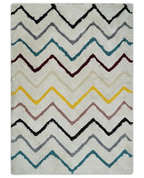 3x5, 4x6 and 5x7 Hand Woven Shag Ivory with multicolor Stripes Art Silk Soft Viscose Area Rug