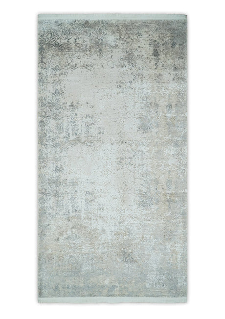 3x5 Beige, Brown and Silver Antique Finish Silk Area Rug