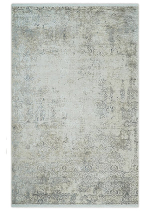 3x5 Beige, Brown and Silver Antique Finish Silk Area Rug