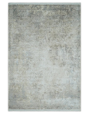 3x5 Beige, Brown and Silver Antique Finish Silk Area Rug