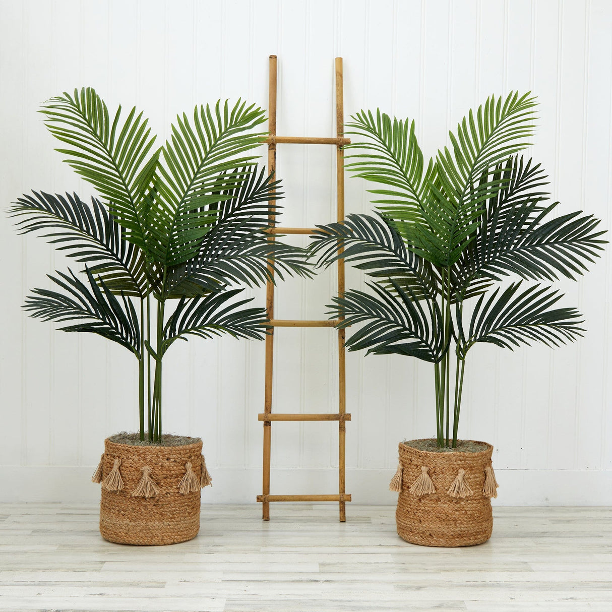 4' Artificial Paradise Palm Tree with Handmade Jute & Cotton Basket with Tassels DIY KIT - Set of 2